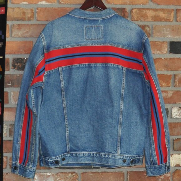 Levi's Trucker Denim Jean Jacket Red Blue Stripe XL - Picture 1 of 4